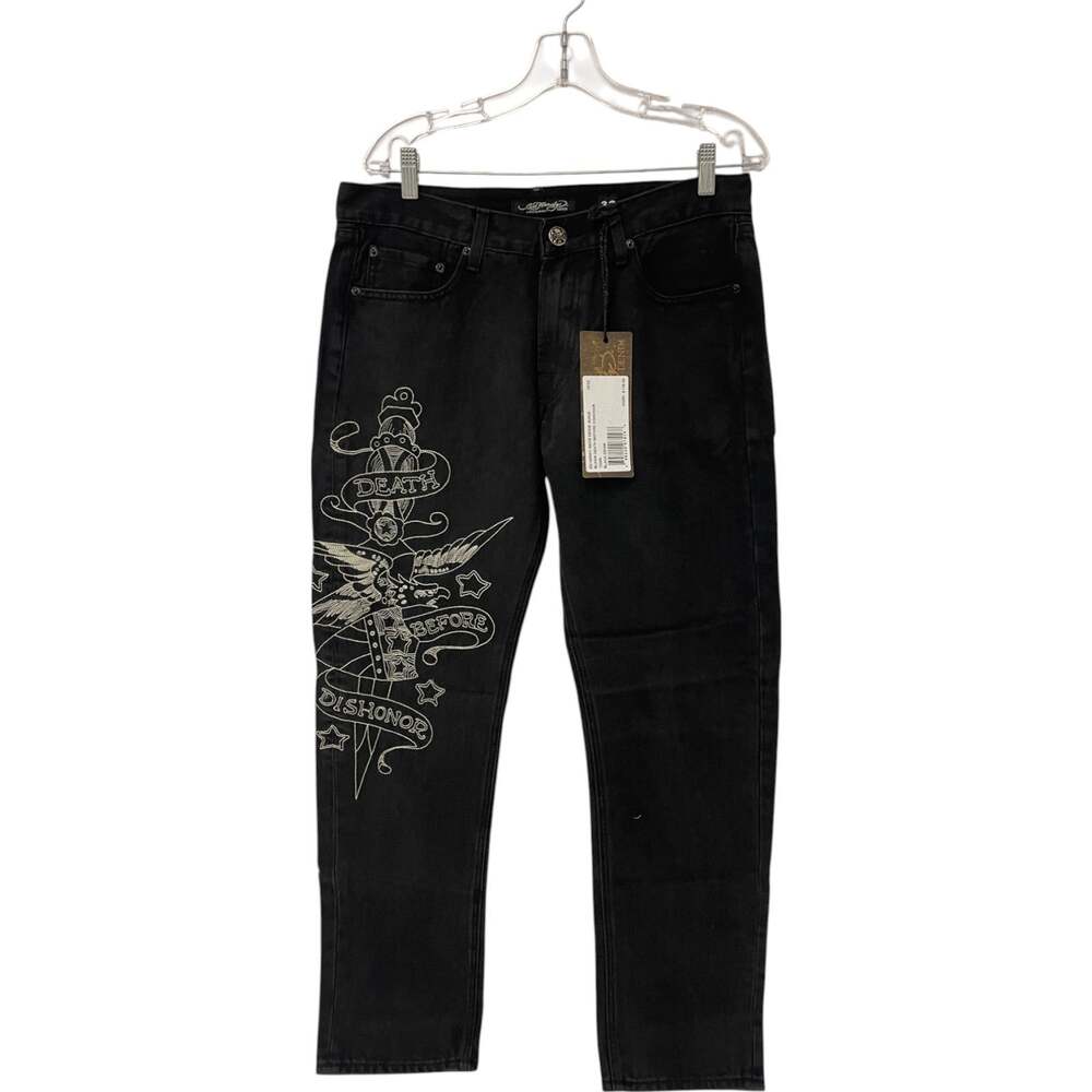 Ed Hardy Straight Jeans Mens 33 Black Denim Death Before Dishonor Mid Rise NWT